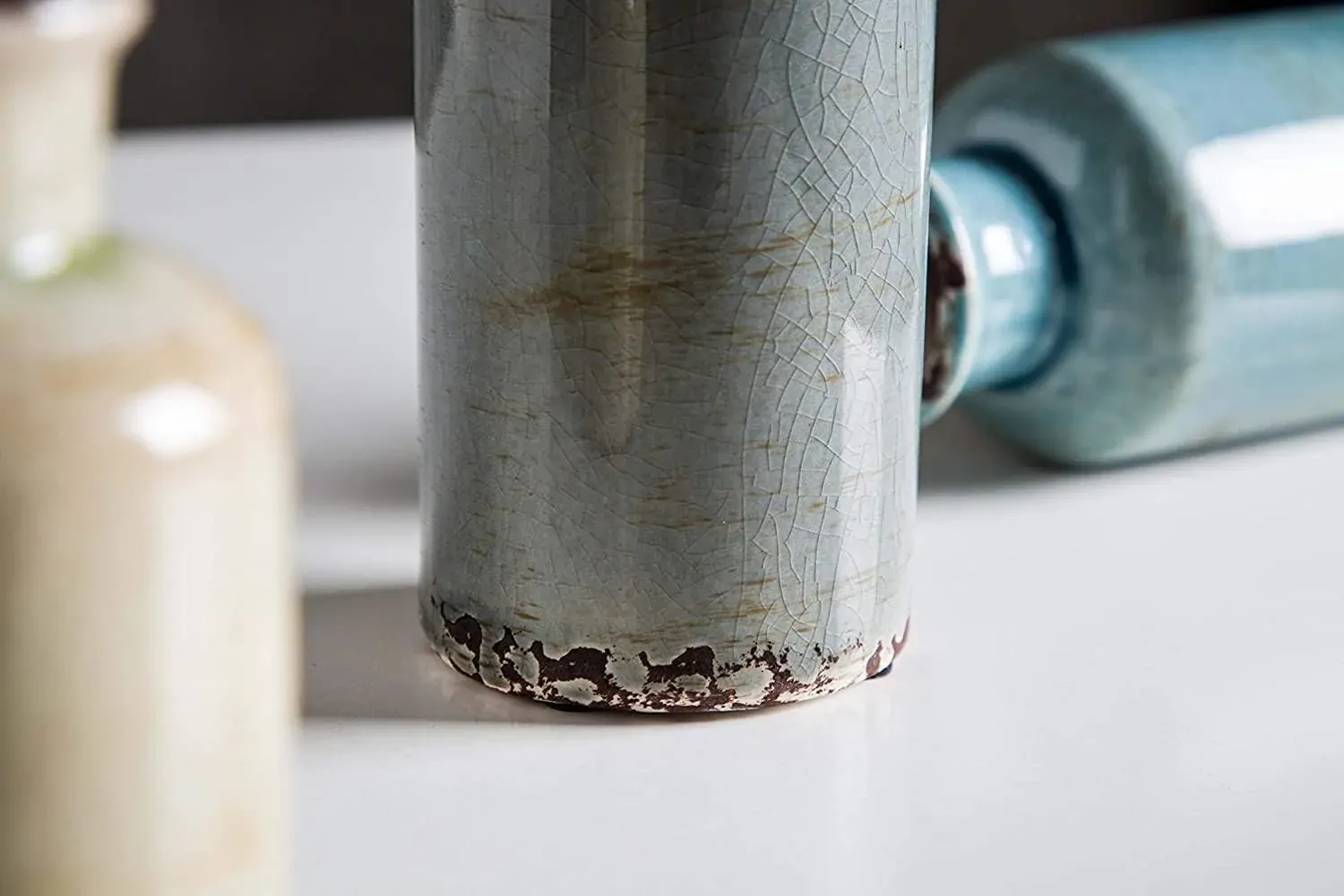 Ceramic Vases Set of 3 Crackled Finish Blue Farmhouse for Home D?cor Price