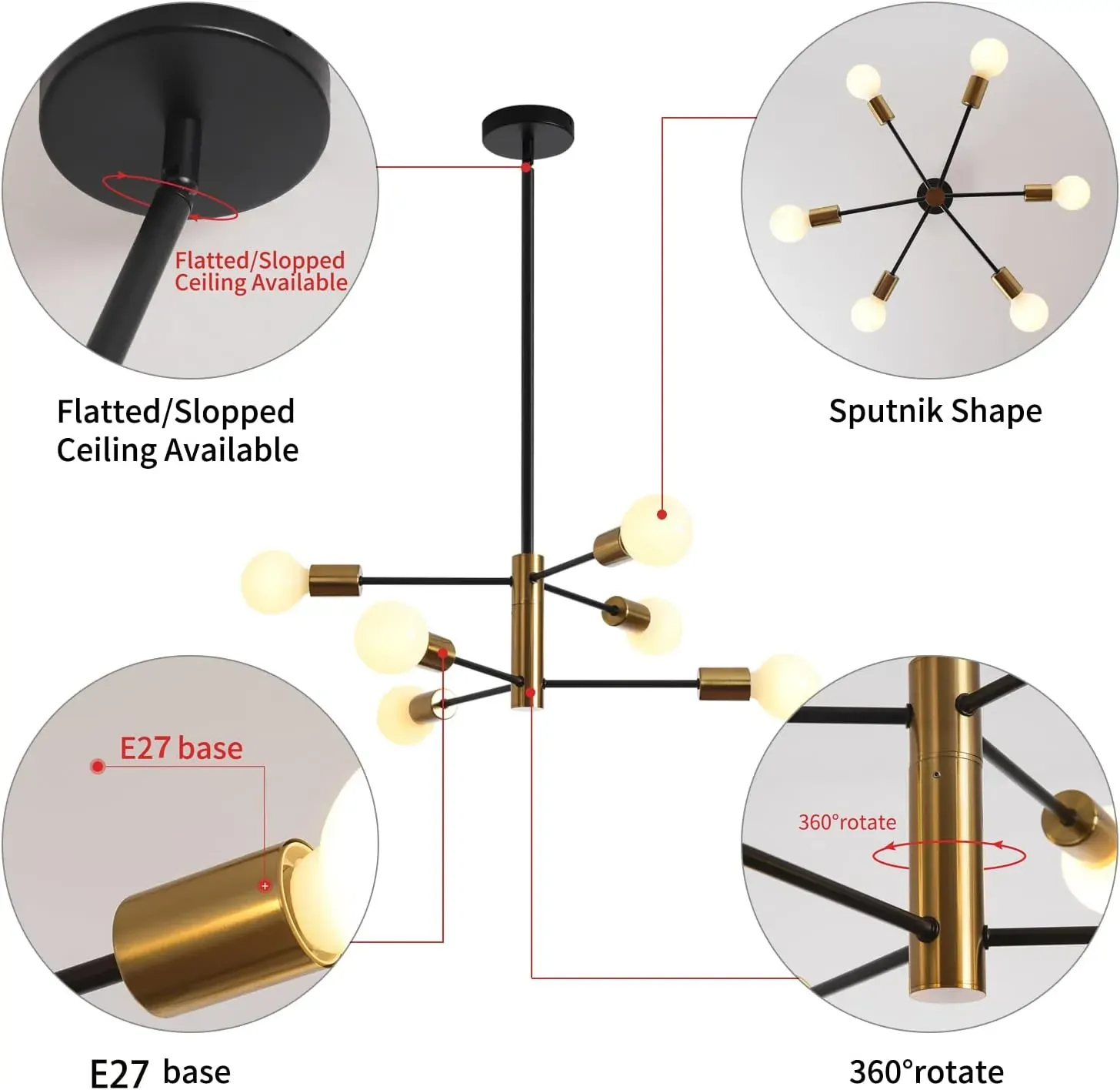 Sputnik Chandelier Modern Industrial, 6-Light , Black & Gold Price