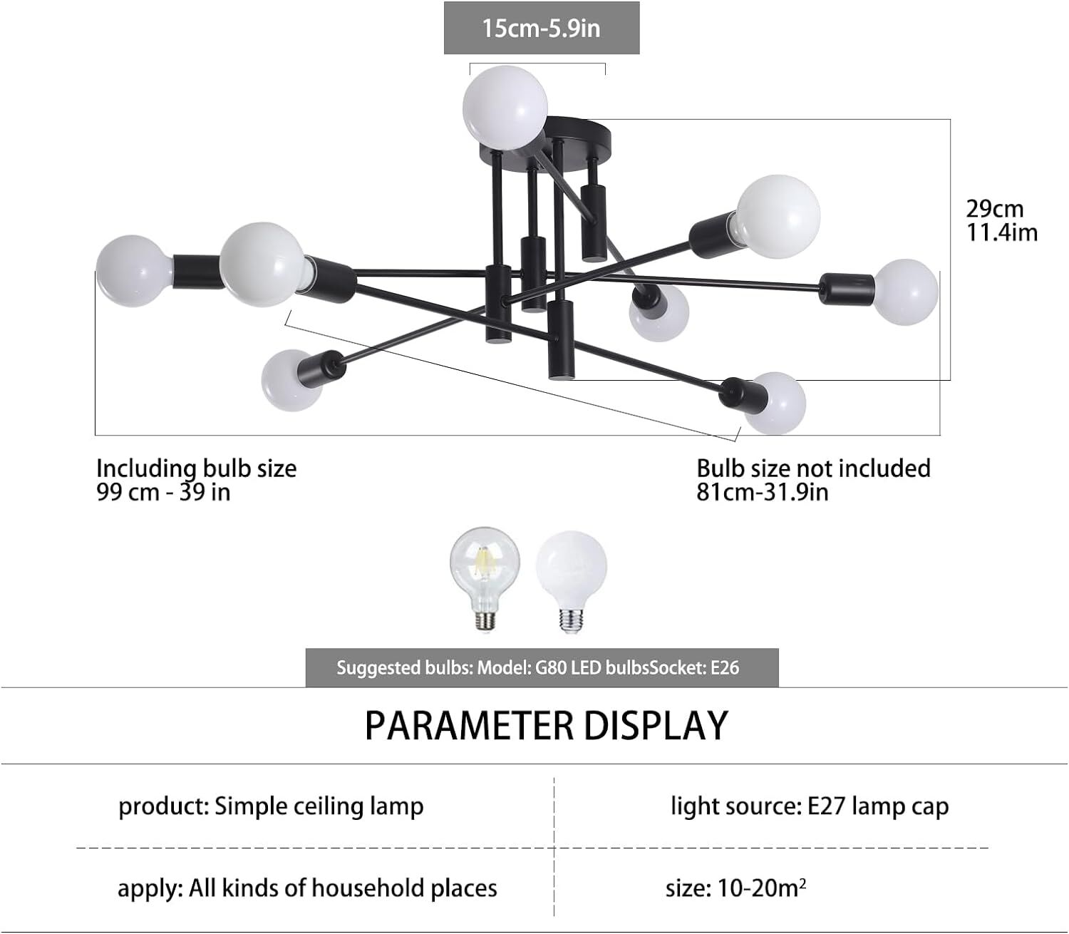 Modern Semi Flush Chandelier, 8 Light, Black Price