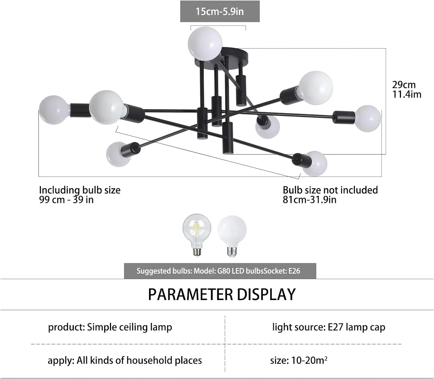 Modern Semi Flush Chandelier, 8 Light, Black Price