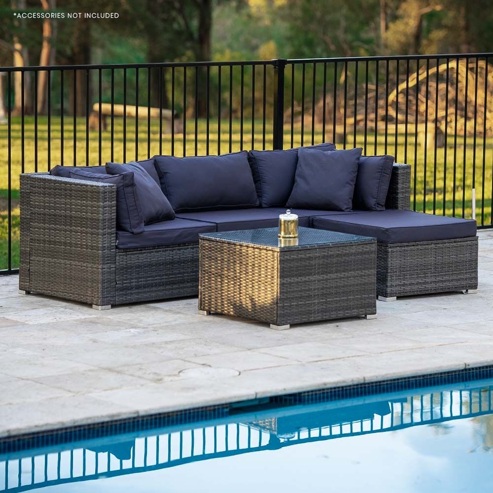 LONDON RATTAN 4 Seater Modular Outdoor Lounge Setting with Coffee Table, Ottoman, Grey Price