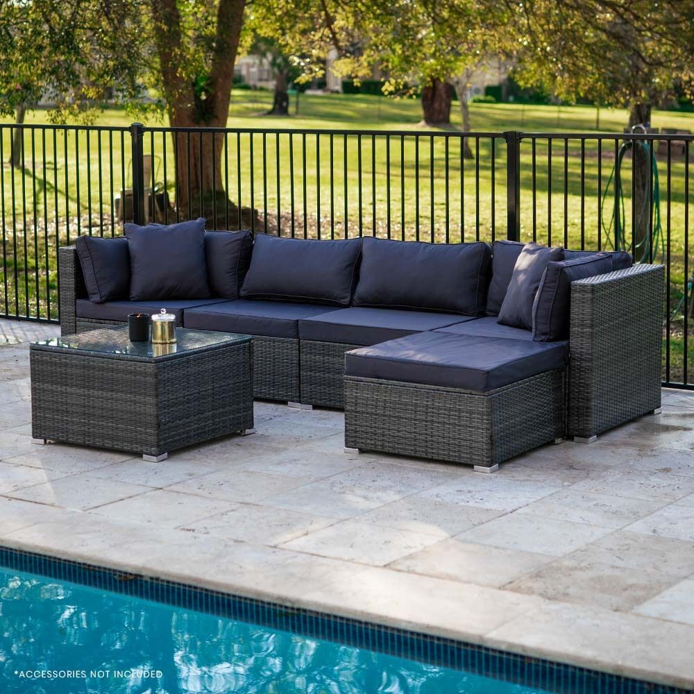 LONDON RATTAN 5 Seater Modular Outdoor Lounge Setting with Coffee Table, Ottoman, Grey Price