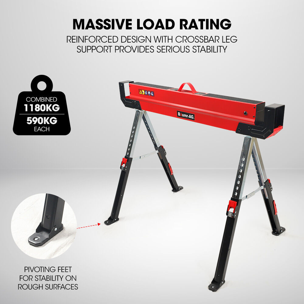 BAUMR-AG 2 x Steel Saw Horse, Folding Height Adjustable Sawhorse, 1180kg Capacity, 2x4 Support Arms Price