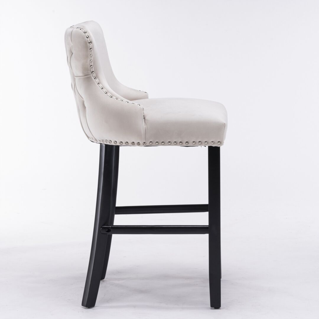 4x Velvet Upholstered Button Tufted Bar Stools with Wood Legs and Studs-Beige Price