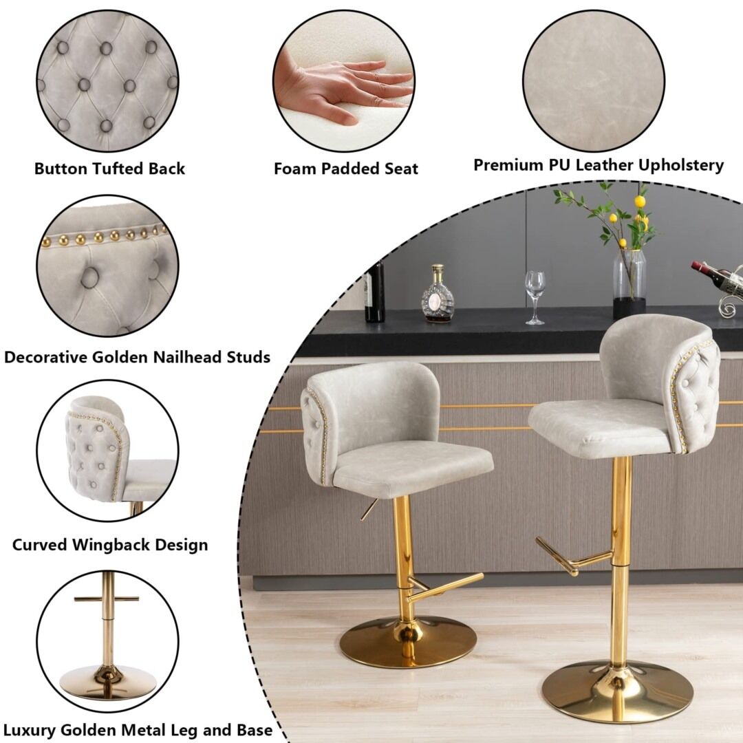 2x Faux Leather Golden Base Swivel Bar Stools- Beige Price