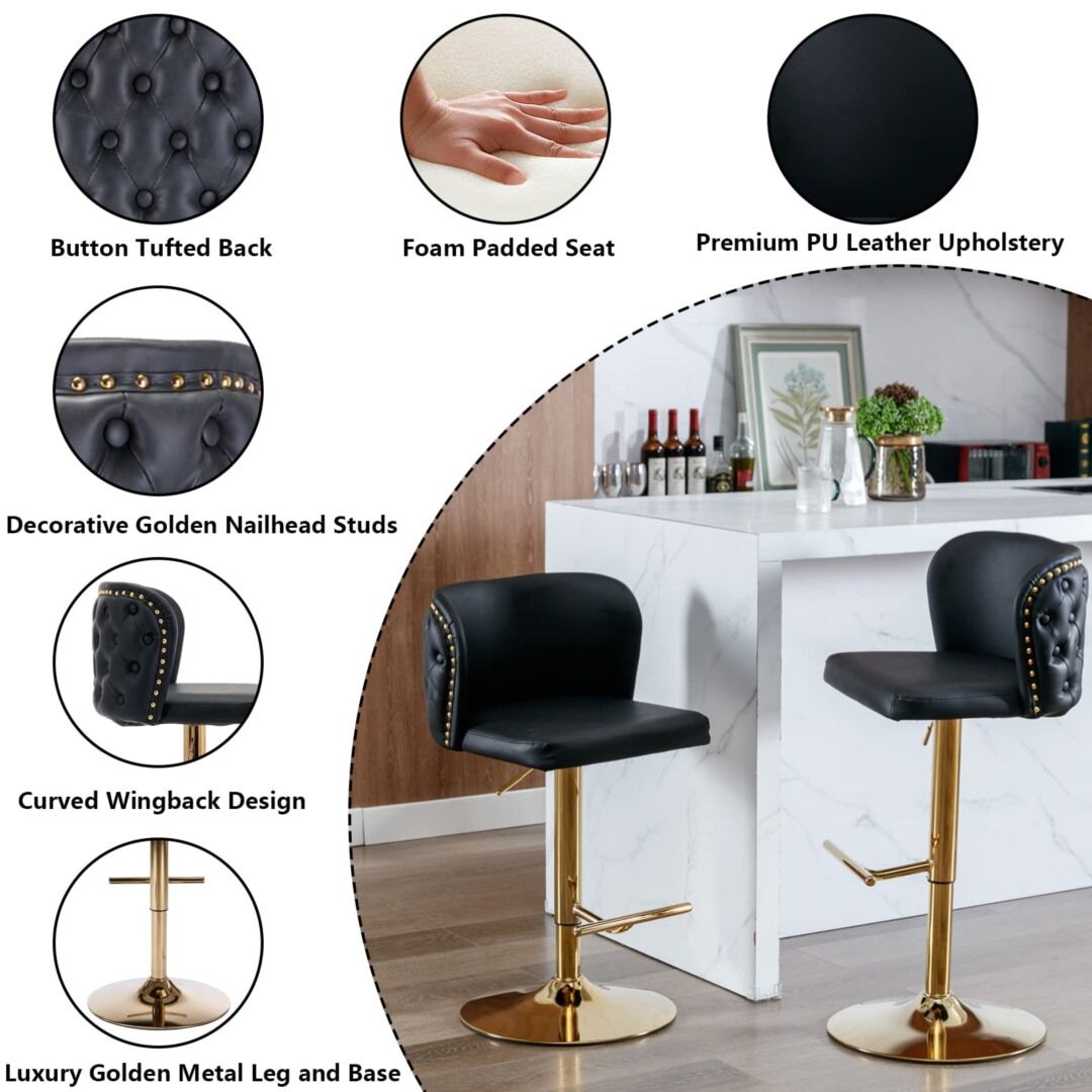 2x Faux Leather Golden Base Swivel Bar Stools- Black Price