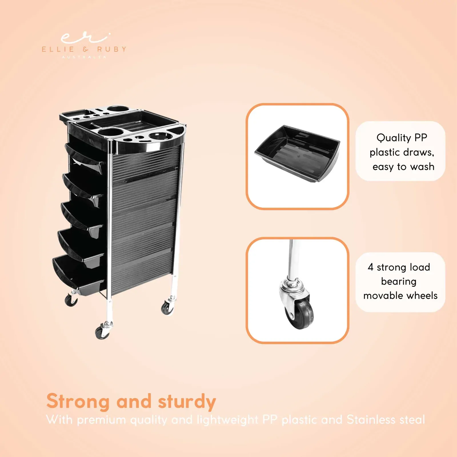 5 Drawer Hairdressing Trolley Black 90x30x36cm Hair Salon Beauty Rolling Cart Price