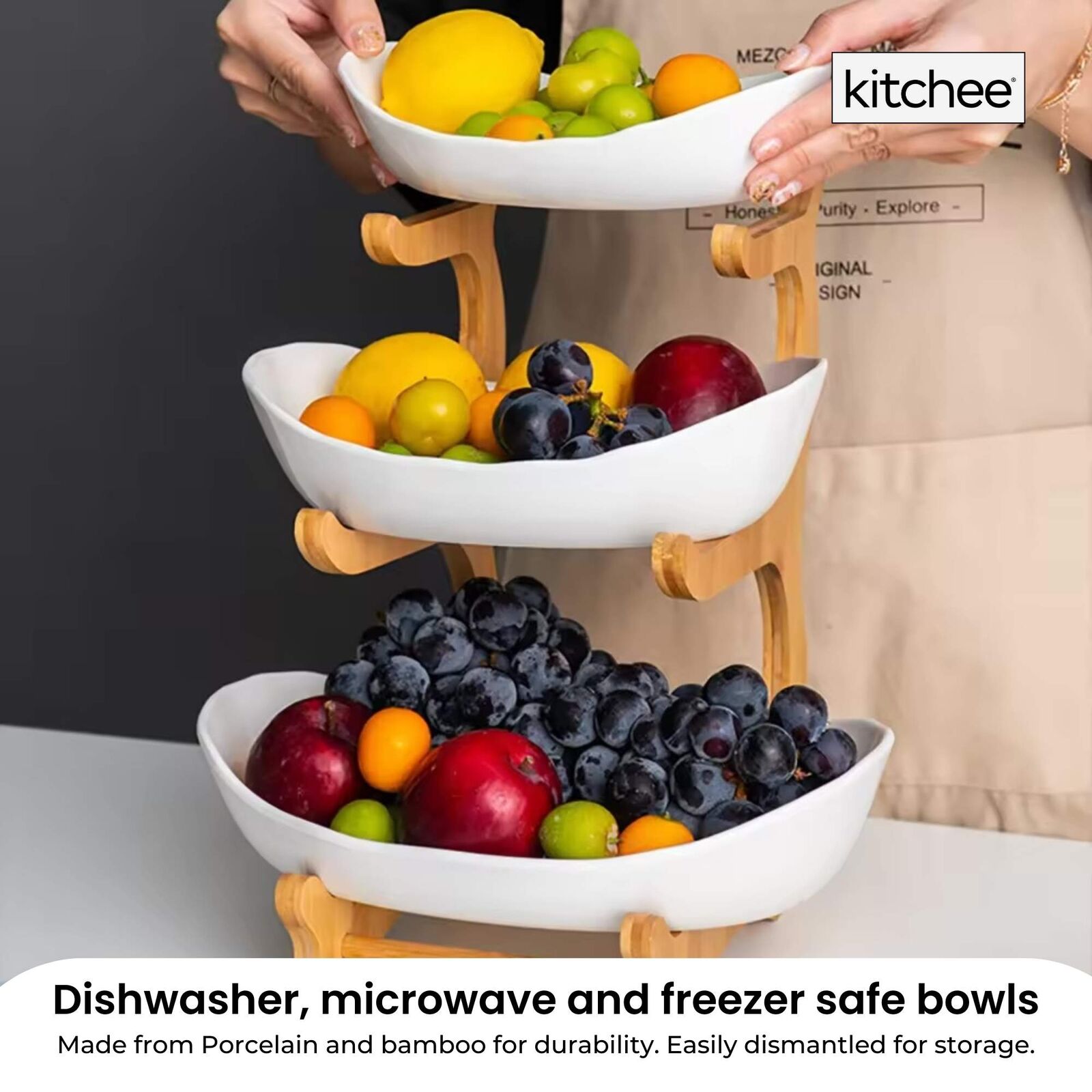 3 Tier Porcelain Fruit Bowl - Ceramic Vegetable Storage With Bamboo Stand Price