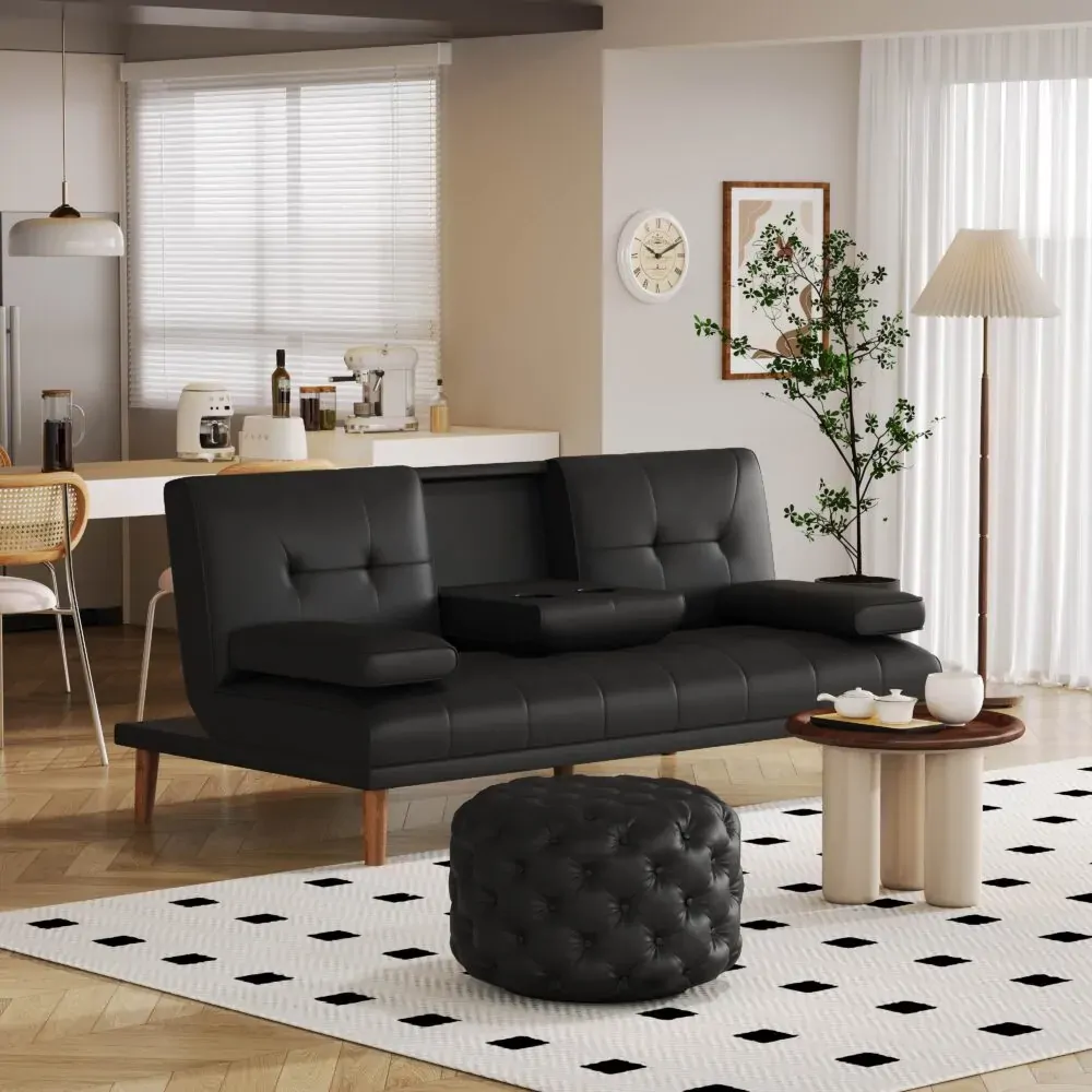 Contemporary Black Leather-look Ottoman with Button Price