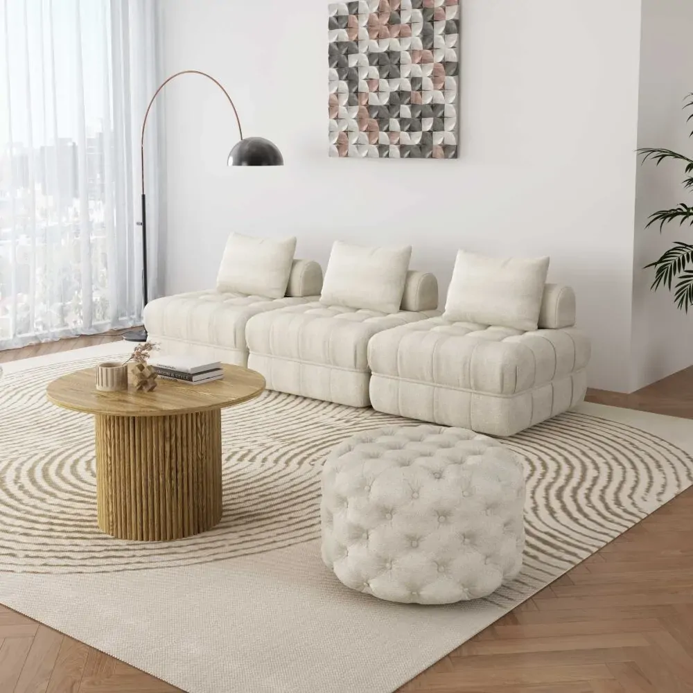 Boucle White Ottoman-Round Price
