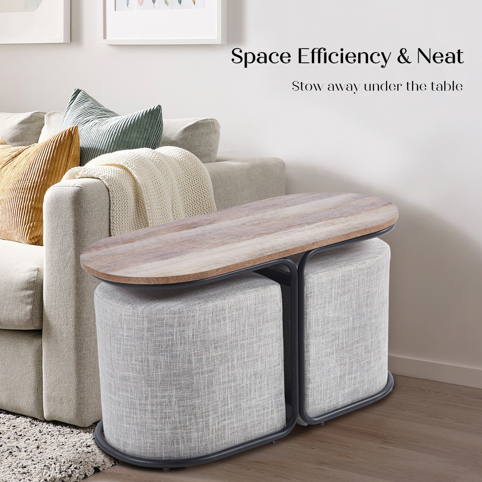 3 Piece Set Coffee Table & Ottoman Wood Side End Table Industrial - CREAM GREY Price