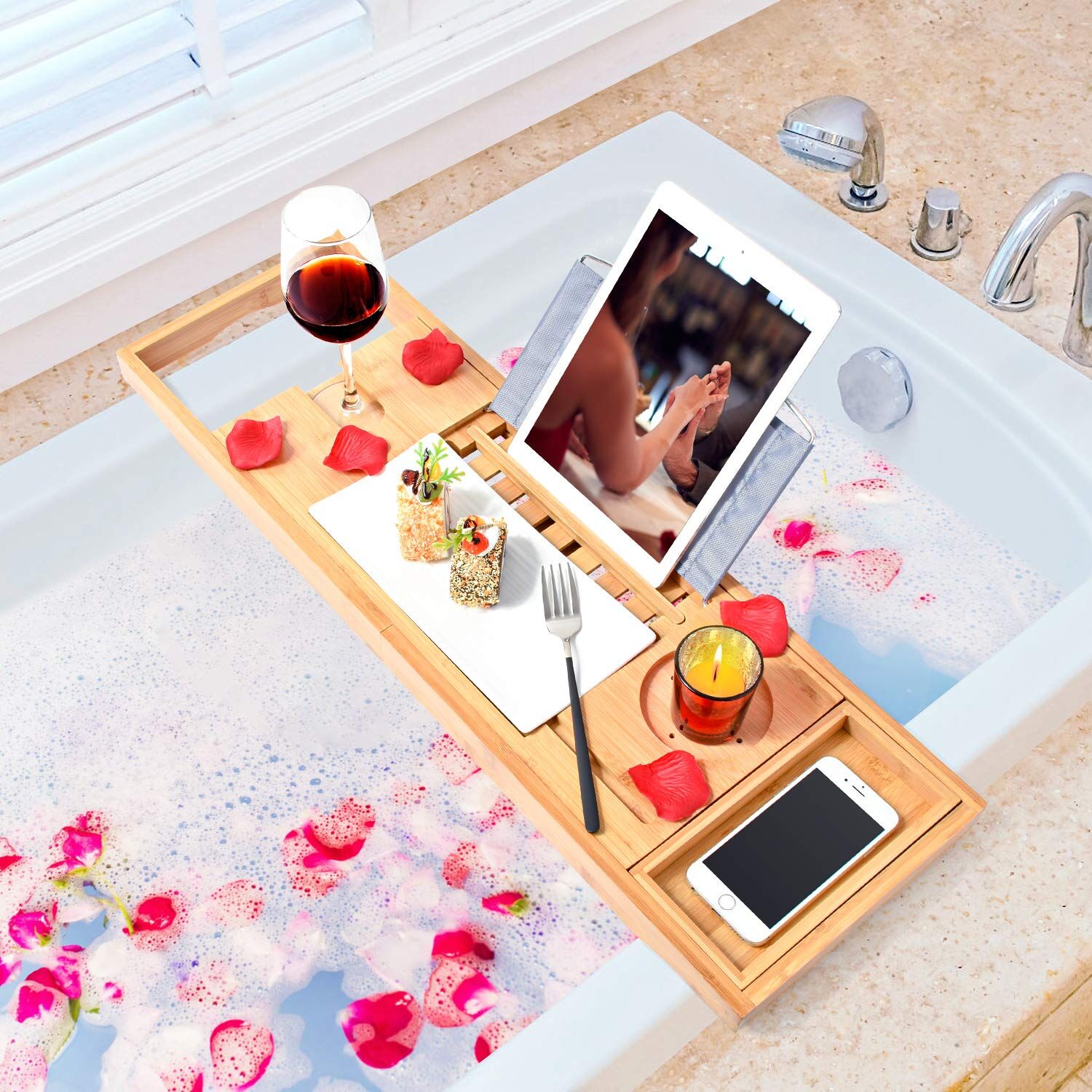 Bamboo Bathtub Bath tub Tray Table Caddy Tray Cellphone,Book,Tray Wineglass Holder Price