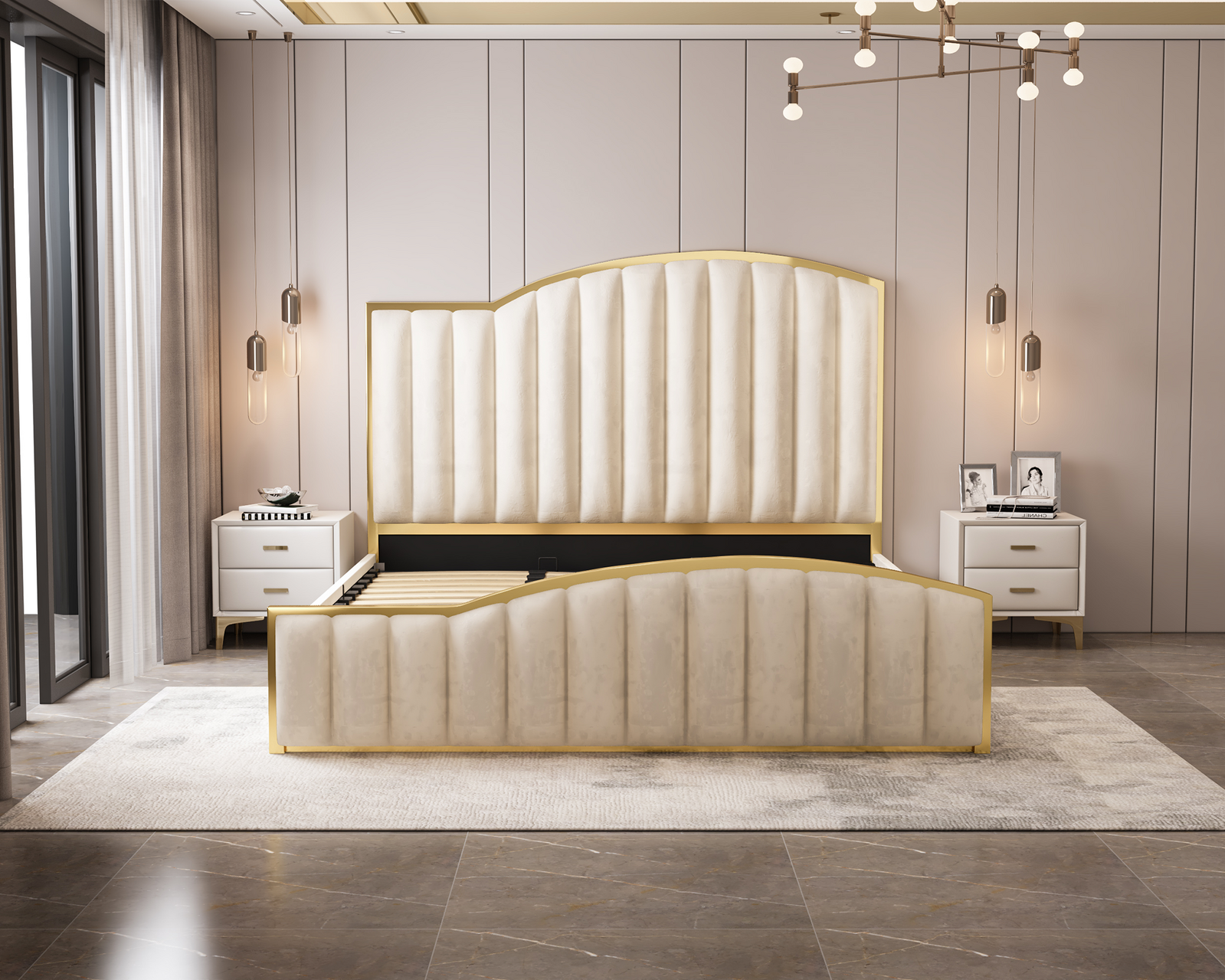 Elegant Luxury King Size Bedframe in Beige with Gas Lift Storage Velvet Fabric Golden Trim Price