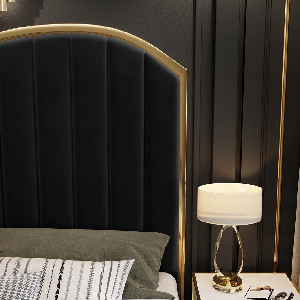Queen Size Black Velvet Fabric Golden Metal Storage Elegant Luxury Bedframe Price
