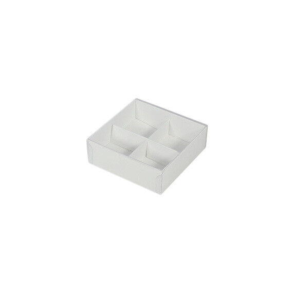 100 Pack of White Card Chocolate Sweet Soap Product Reatail Gift Box - 4 Bay Compartments - Clear Slide On Lid - 8x8x3cm Price