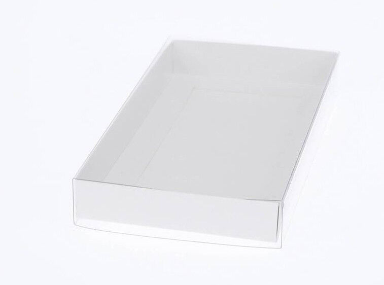 100 Pack of White Card Box - Clear Slide On Lid - 25 x 25 x 6cm - Large Beauty Product Gift Giving Hamper Tray Merch Fashion Cake Sweets Xmas Price