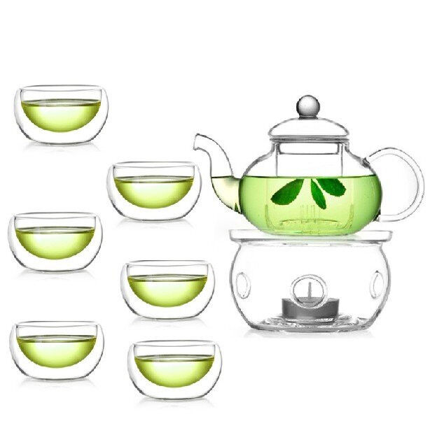 5 SetS of Gongfu Chinese Ceremony Tea Set - 6 Glass cups with Infuser and Tealight Candle Pot Warmer Price