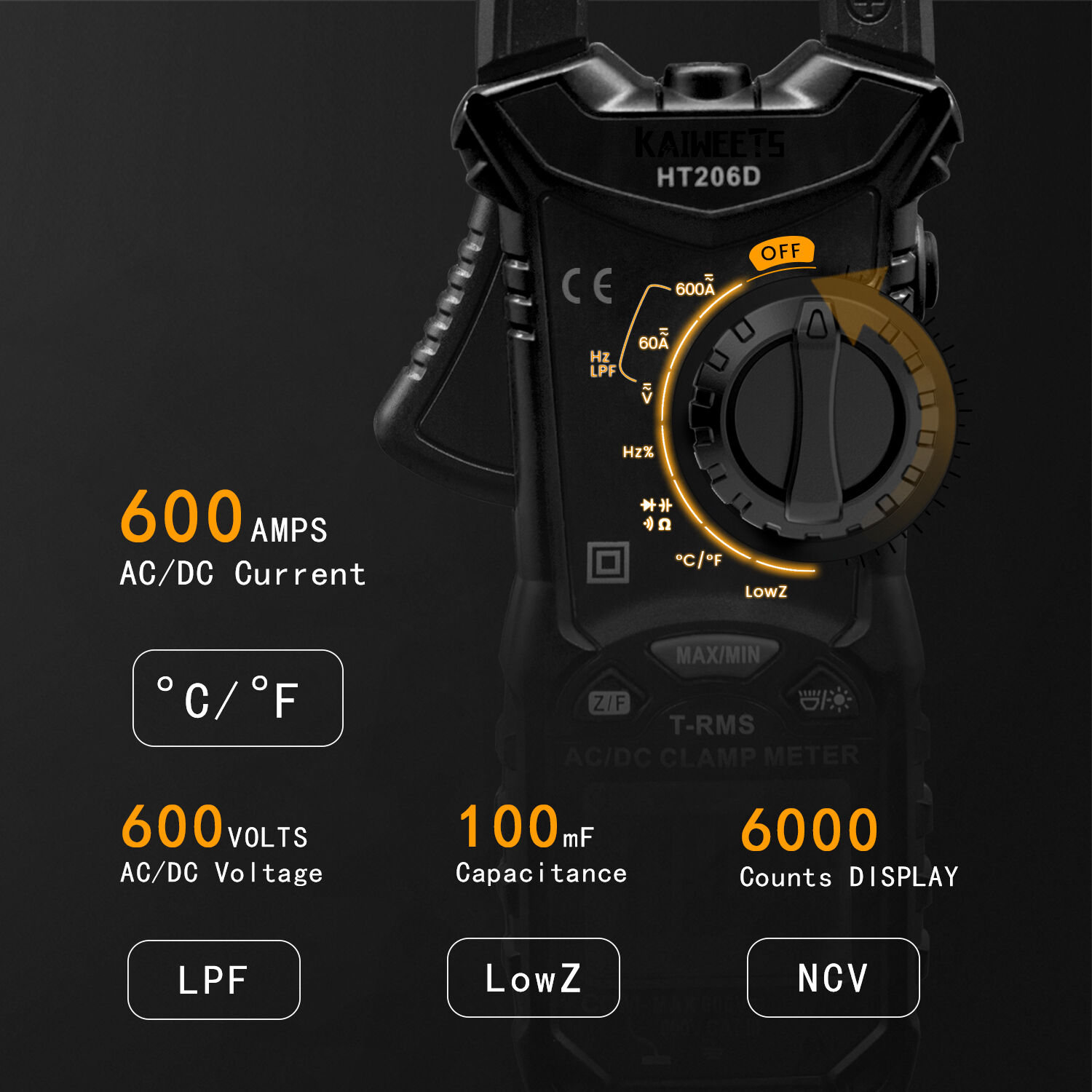 KAIWEETS HT206D Digital Clamp Meter T-RMS 6000 Counts, Multimeter Voltage Tester Auto-ranging, Measures Current Voltage Temperature Capacitance Resist Price