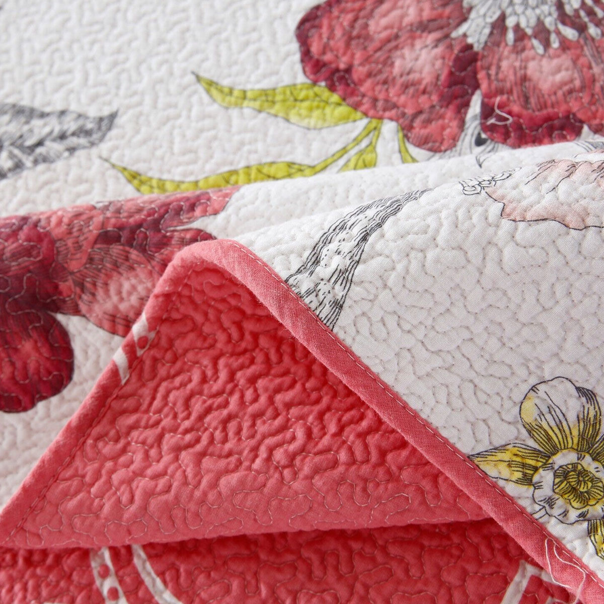 100% Cotton Lightly Quilted Coverlet Set Peacock Garden Pink Queen Price