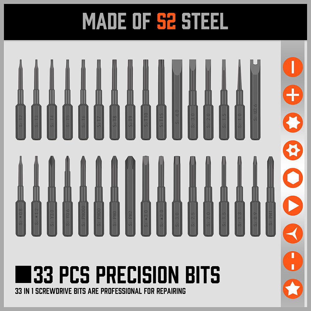 33 PC PRECISION SCREWDRIVER SET BITS PHILIP FLAT SLOTTED TORX HEX ELECTRONIC FIX Price
