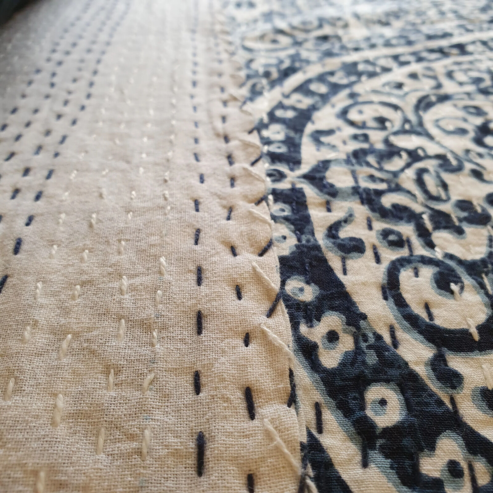 Boho Blue Kantha Bedspread Coverlet - Blue Price