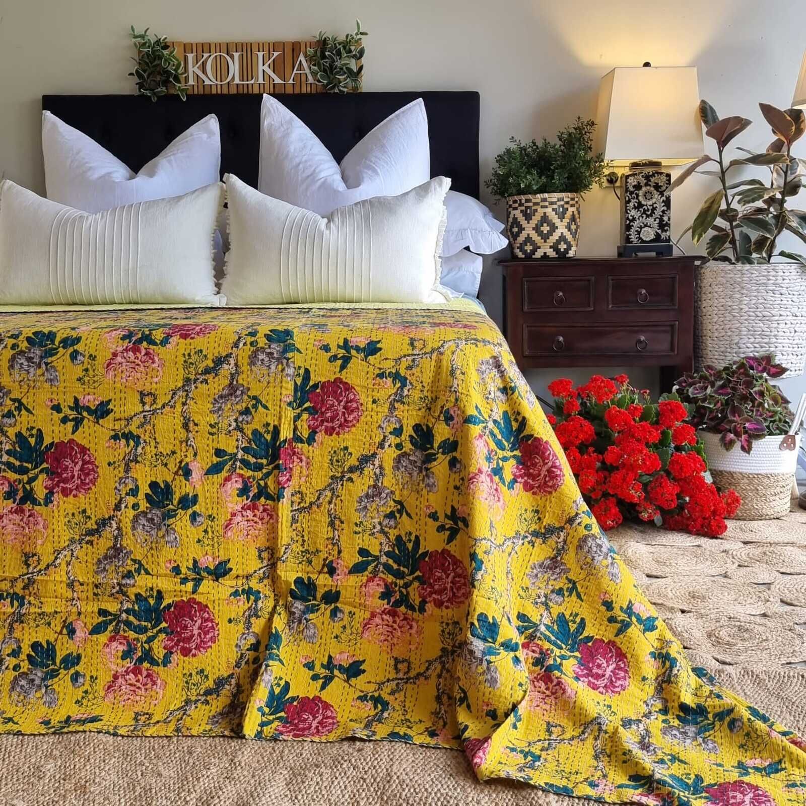 Mustard Peony Kantha Bedspread Coverlet - Mustard (King - 228 cm x 274 cm) Price