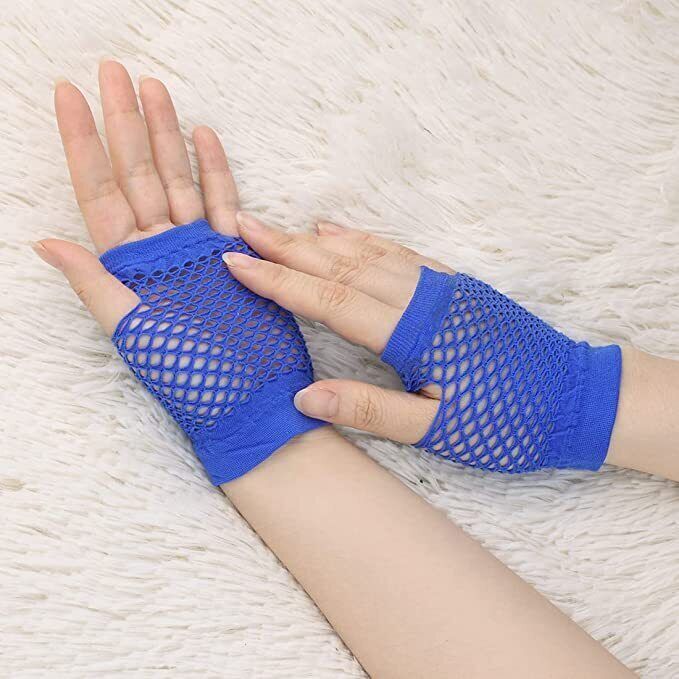 12 Pair Fishnet Gloves Fingerless Wrist Length 70s 80s Costume Party Bulk - Blue Price