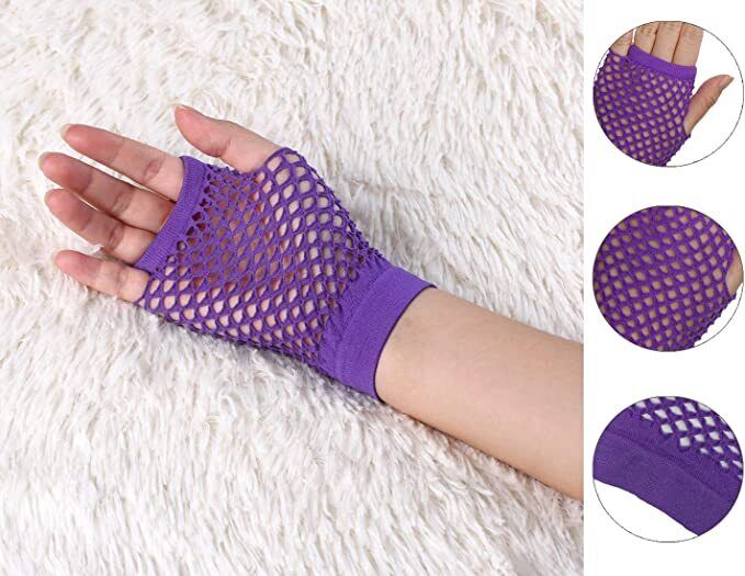 1 Pair Fishnet Gloves Fingerless Wrist Length 70s 80s Costume Party - Purple Price
