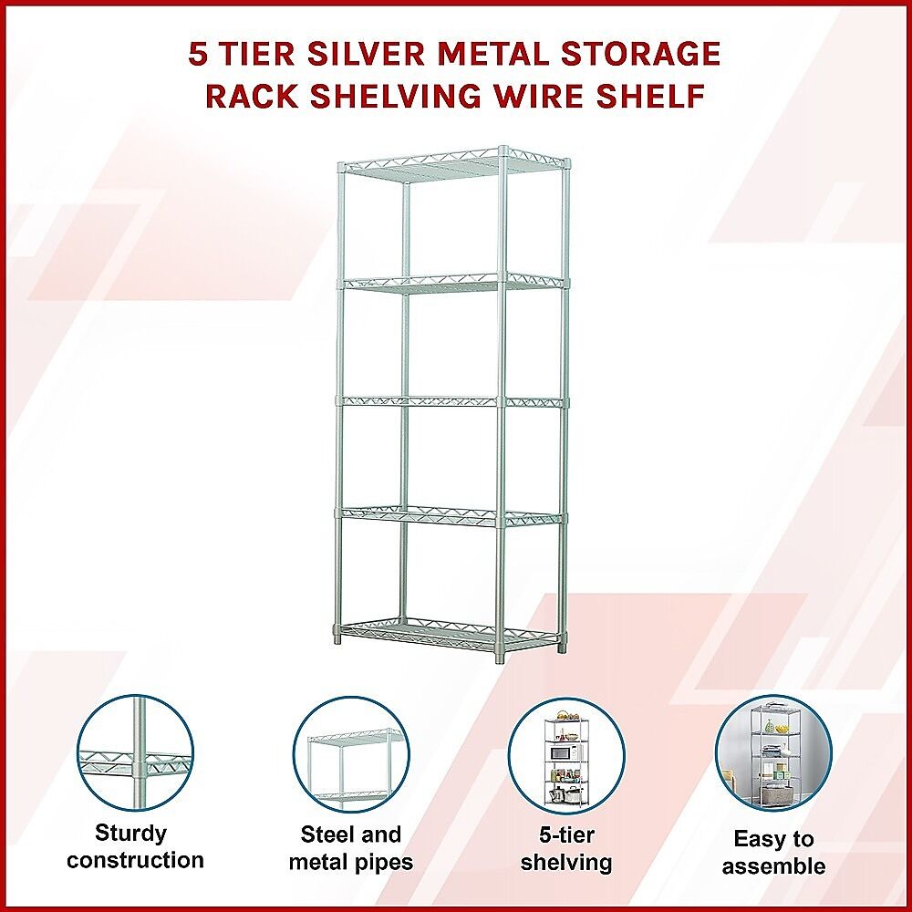5 Tier Silver Metal Storage Rack Shelving Wire Shelf Price