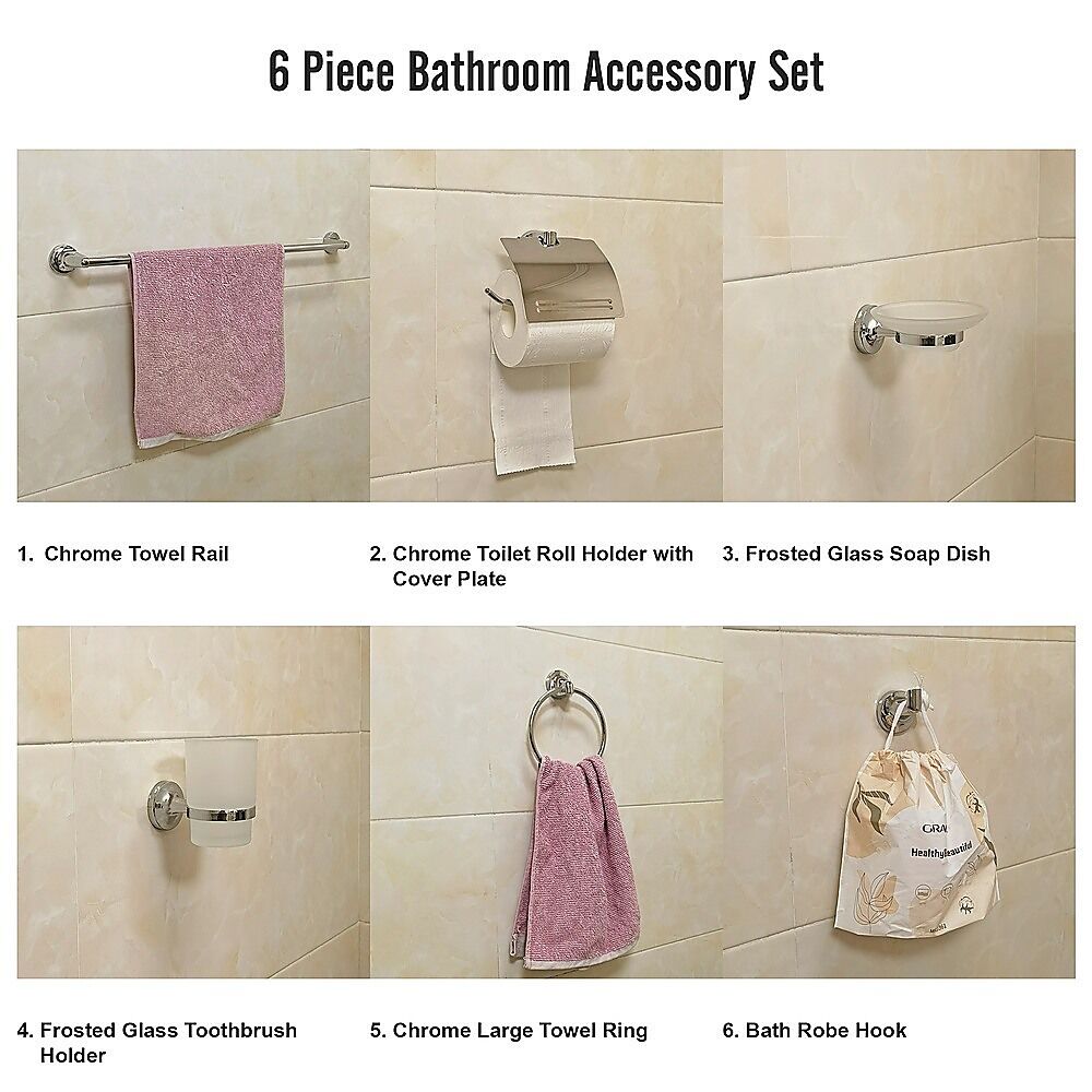 Bathroom Accessories Set 6 Piece Pack Chrome Wall Mounted Easy Fittings Price