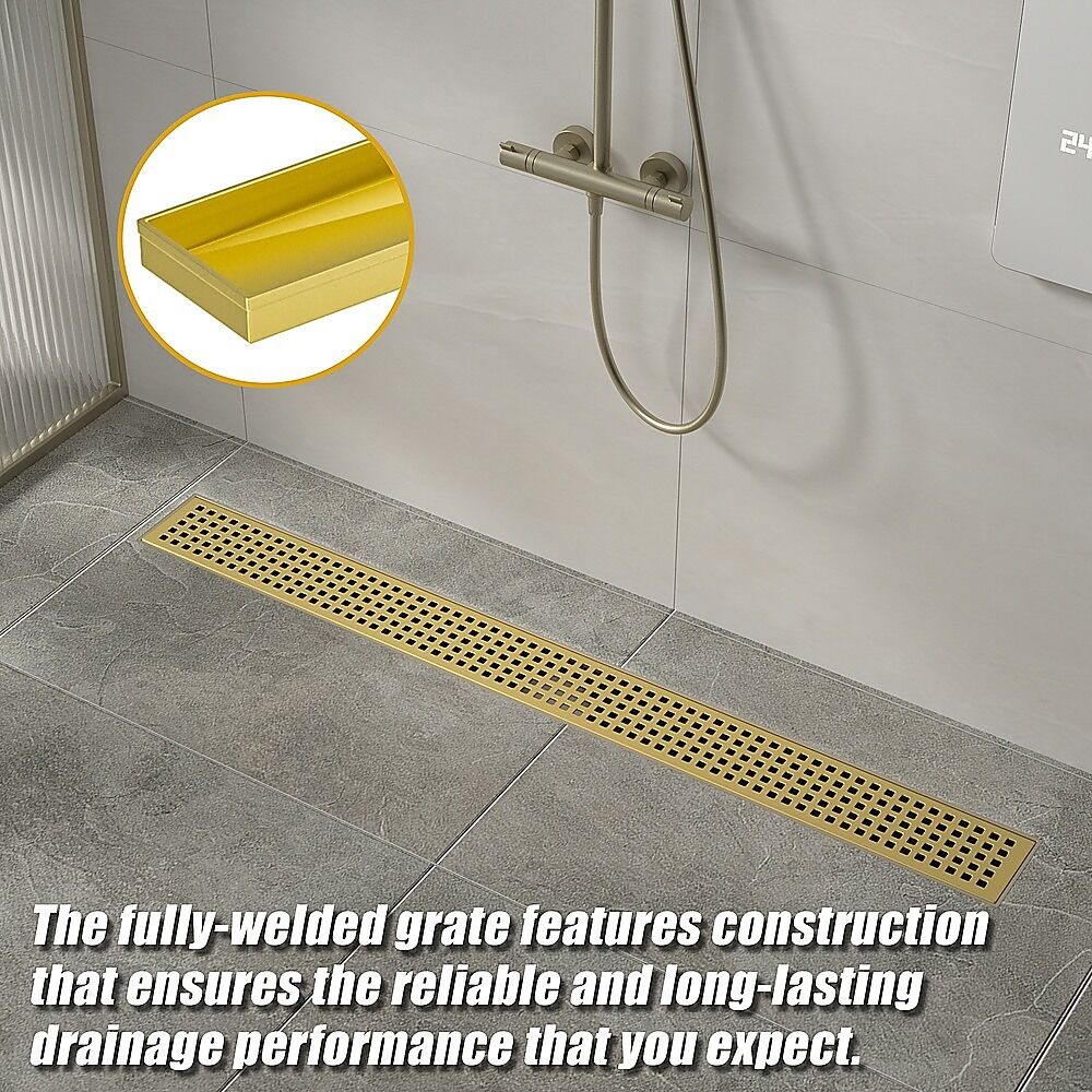 900mm Bathroom Shower Brushed Brass Grate Drain w/ Centre outlet Floor Waste Square Pattern Price
