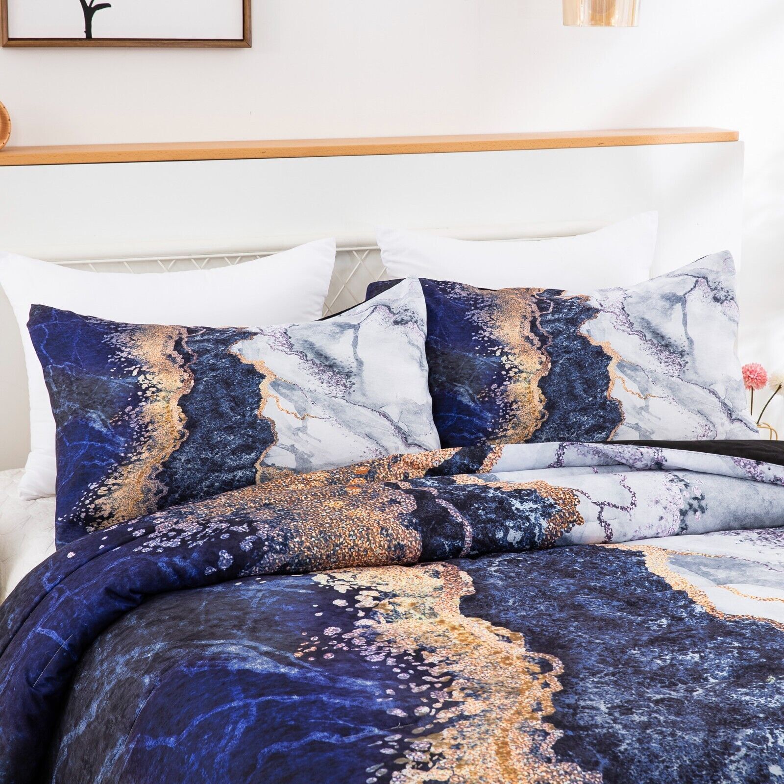 Blue Marble Comforter Set, King Size, Retro Watercolor 3-Piece Bedding Ensemble Price