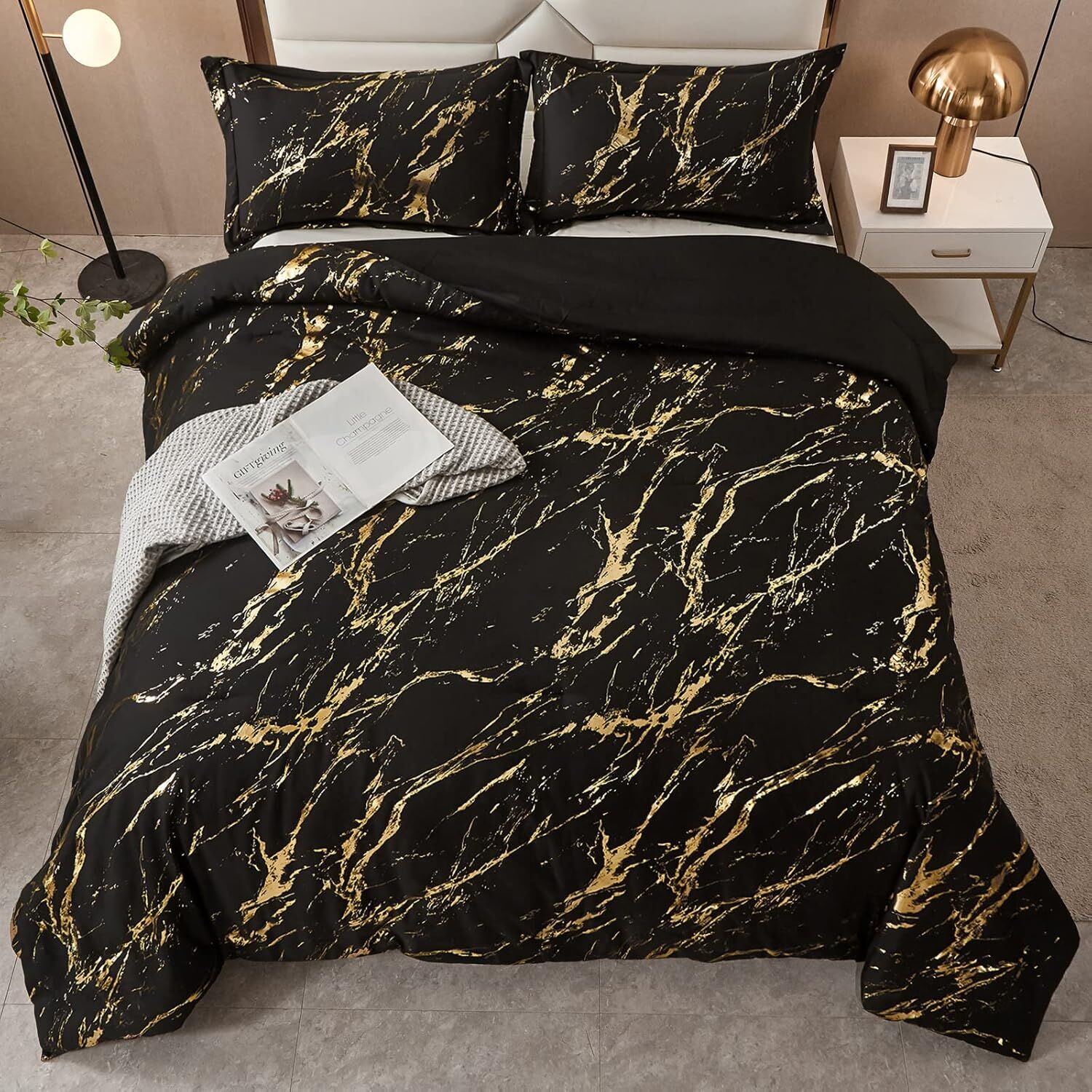 Black Gold Metallic Marble Comforter Set, Queen Size, Foil Print Glitter 3-Piece Bedding Price
