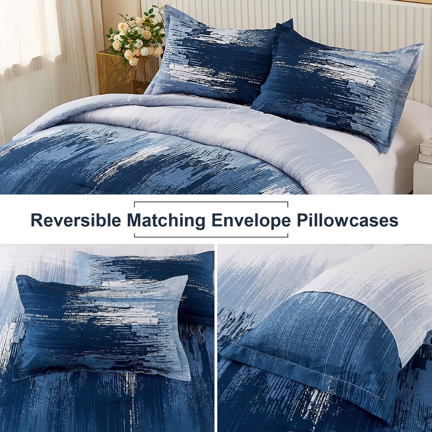 Ombre Blue Comforter Set, King Size, Gradient Blue Grey 3-Piece Boho Bedding Price