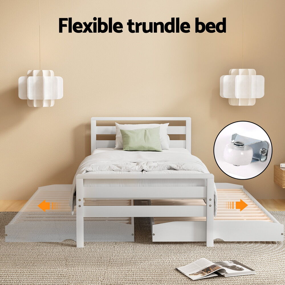 Artiss Bed Frame Single Size 2-in-1 Trundle Wooden White AVIS Price