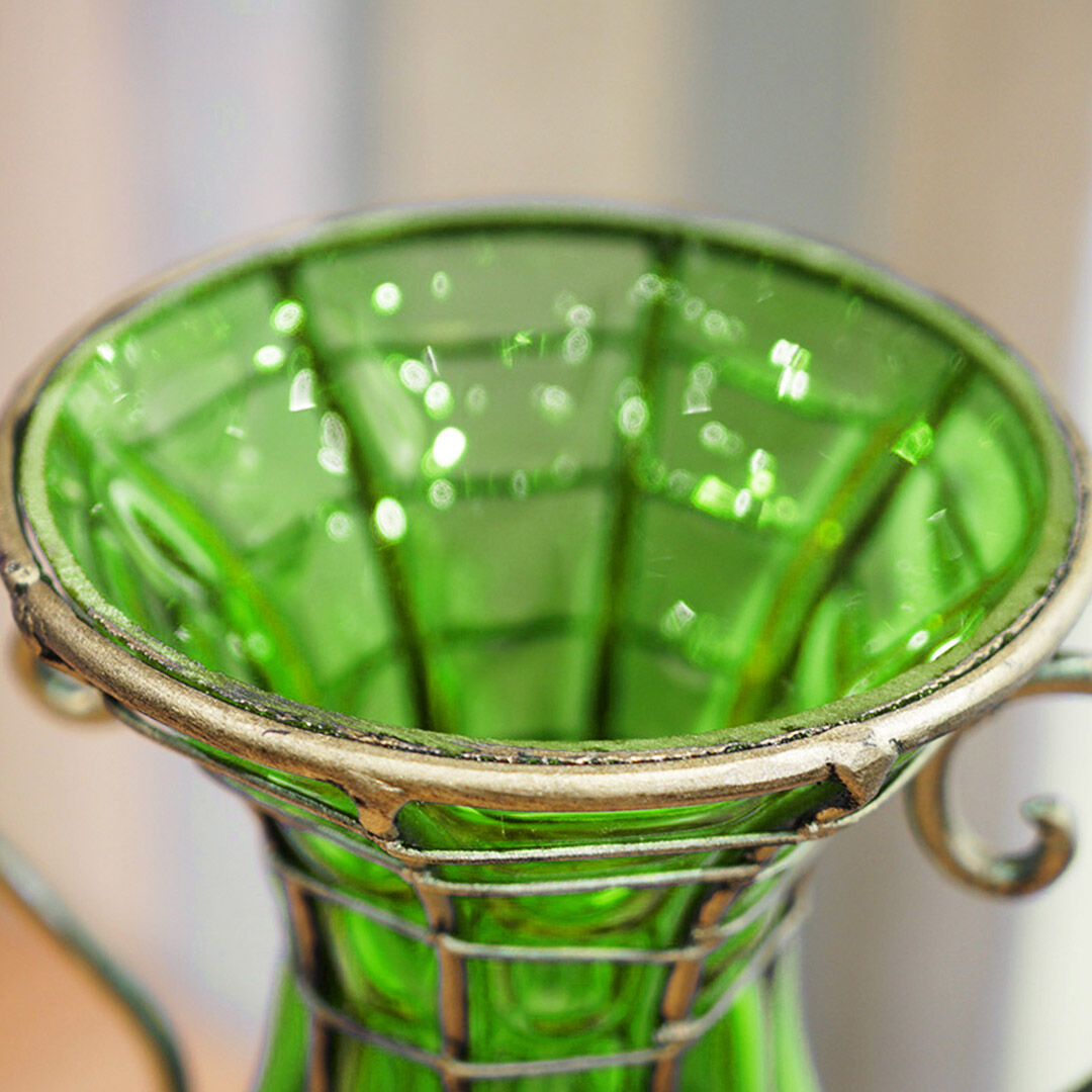 green colored glass flower vase with 8 bunch 5 heads artificial fake silk rose home decor set Price