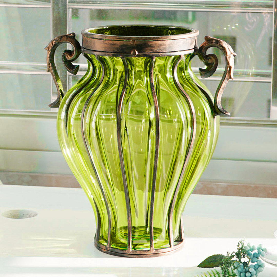 green colored glass flower vase with 4 bunch 9 heads artificial fake silk rose home decor set Price