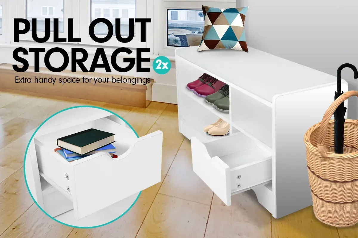 Shoe Rack Cabinet Organiser White Cushion - 80 x 30 x 45cm - White Price