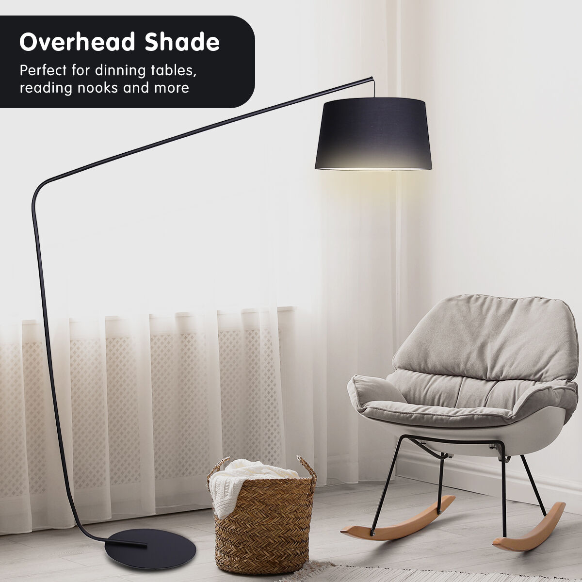 Sarantino Metal Arc Floor Lamp in Black Finish with Linen Taper Shade Price