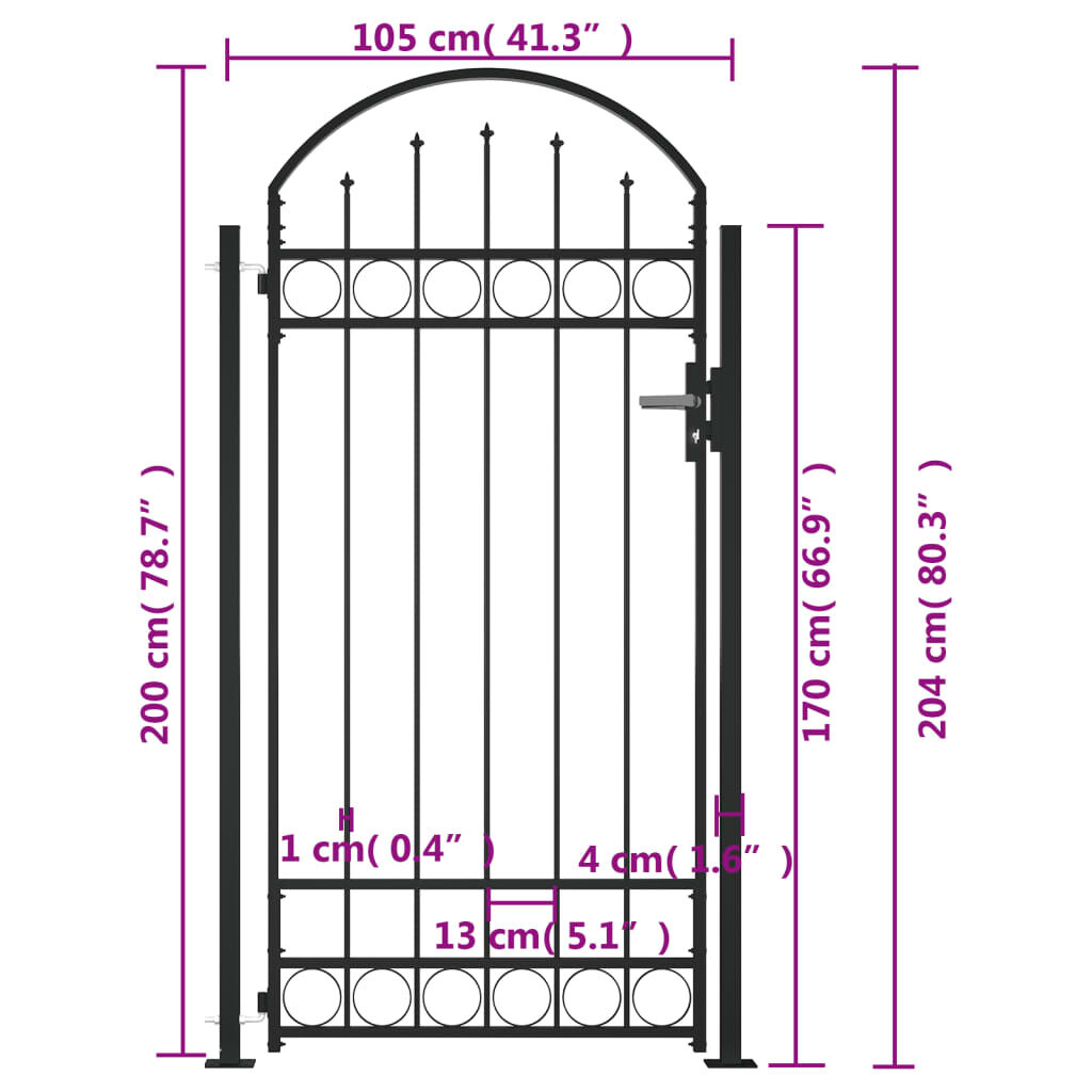 Fence Gate with Arched Top and 2 Posts 105x204 cm Black Price