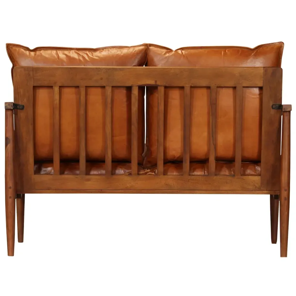 2-Seater Sofa Real Leather with Acacia Wood Brown Price