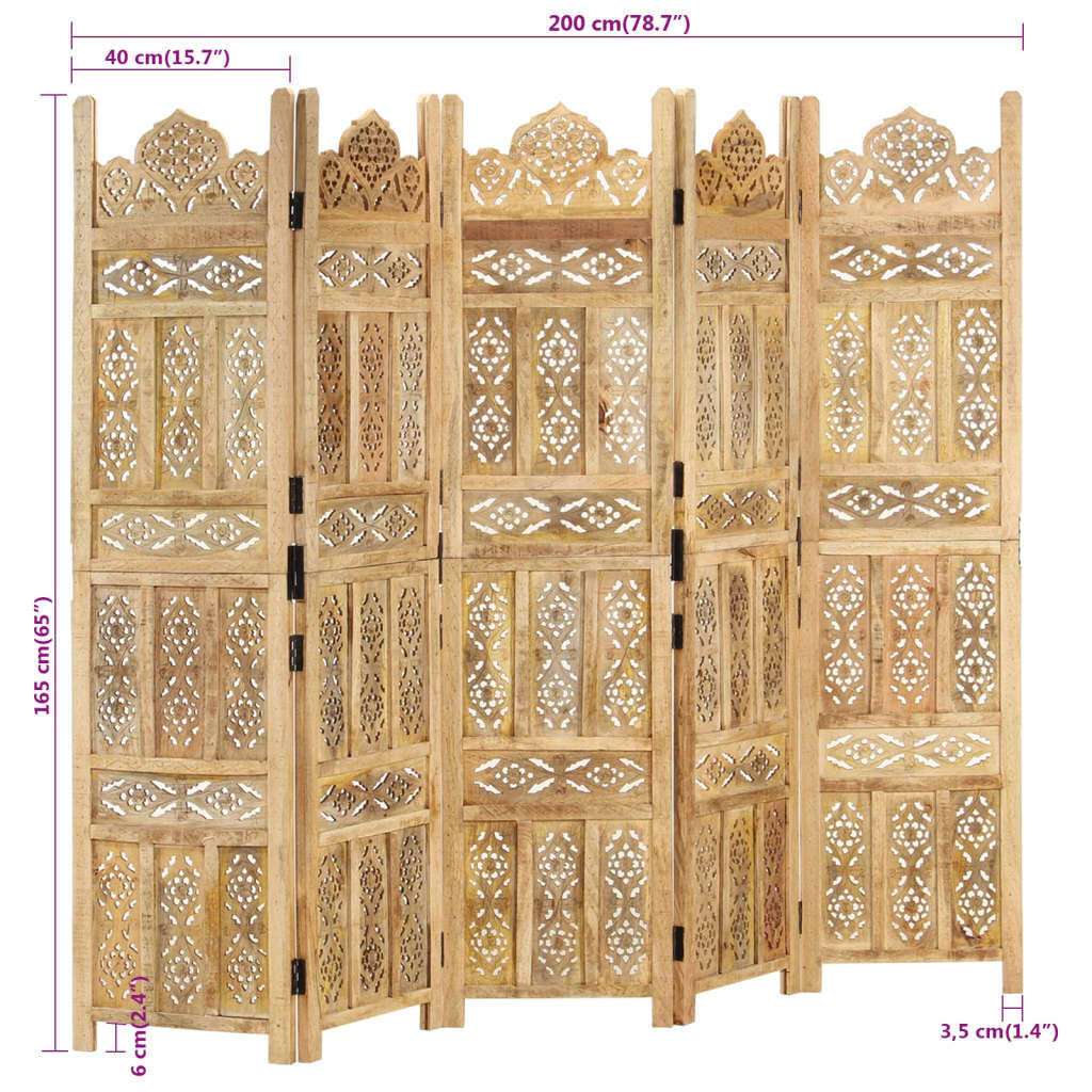 Hand Carved 5-Panel Room Divider 200x165 cm Solid Mango Wood Price