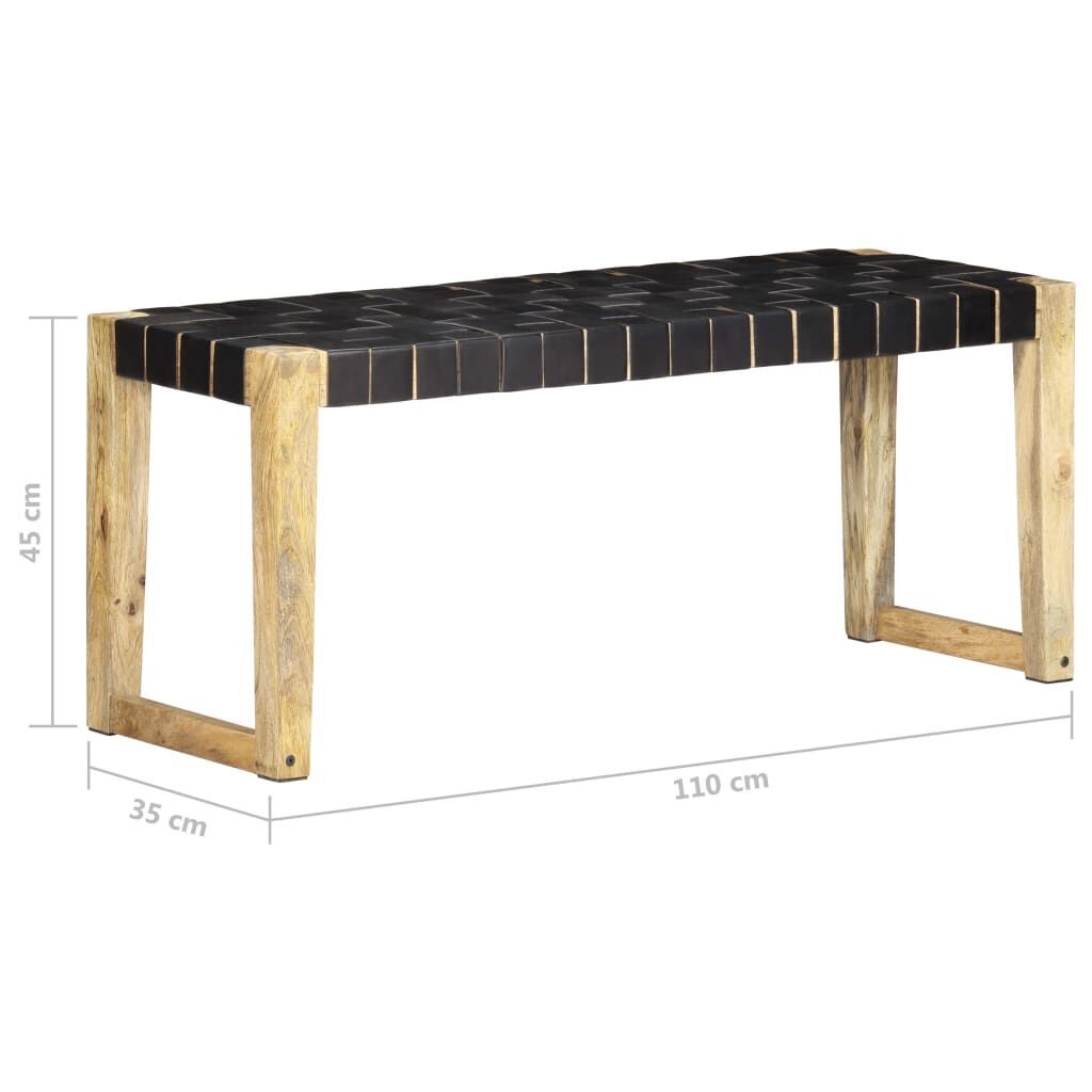 Bench 110 cm Black Real Leather and Solid Mango Wood Price