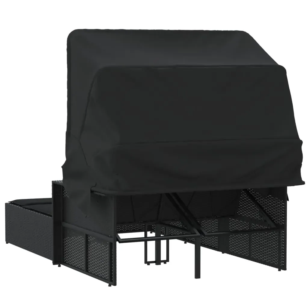 Double Sun Lounger with Canopy and Cushions Black Poly Rattan Price