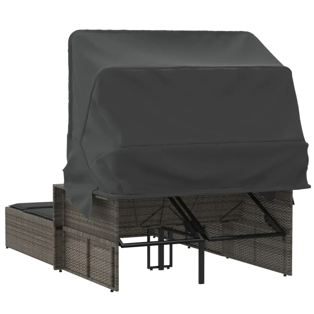 Double Sun Lounger with Canopy and Cushions Grey Poly Rattan Price