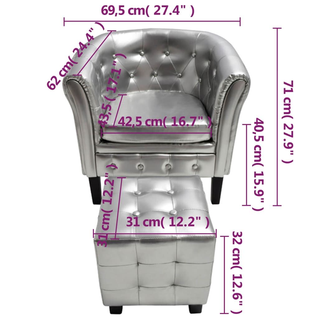 Tub Chair with Footstool Silver Faux Leather Price
