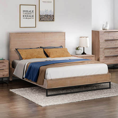 King size Bed Frame Solid Wood Acacia Veneered Bedroom Furniture Steel Legs Price