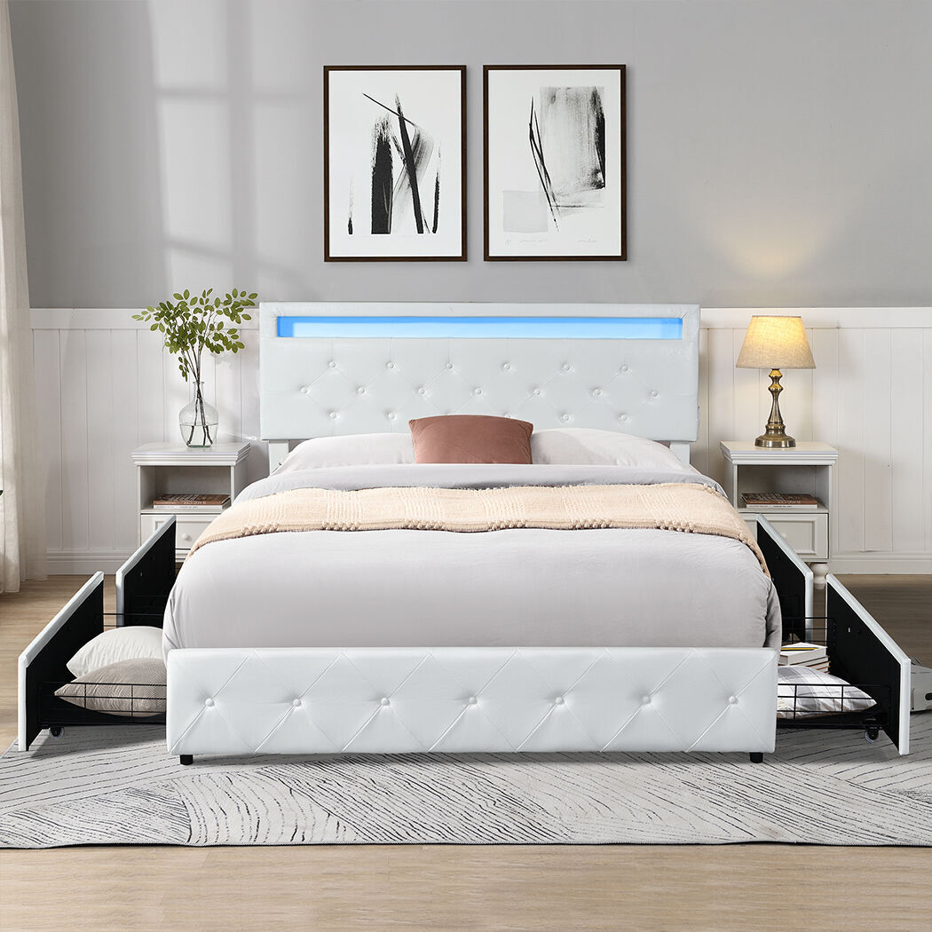 Levede Double Bed Frame RGB LED PU 4 Drawer USB Price