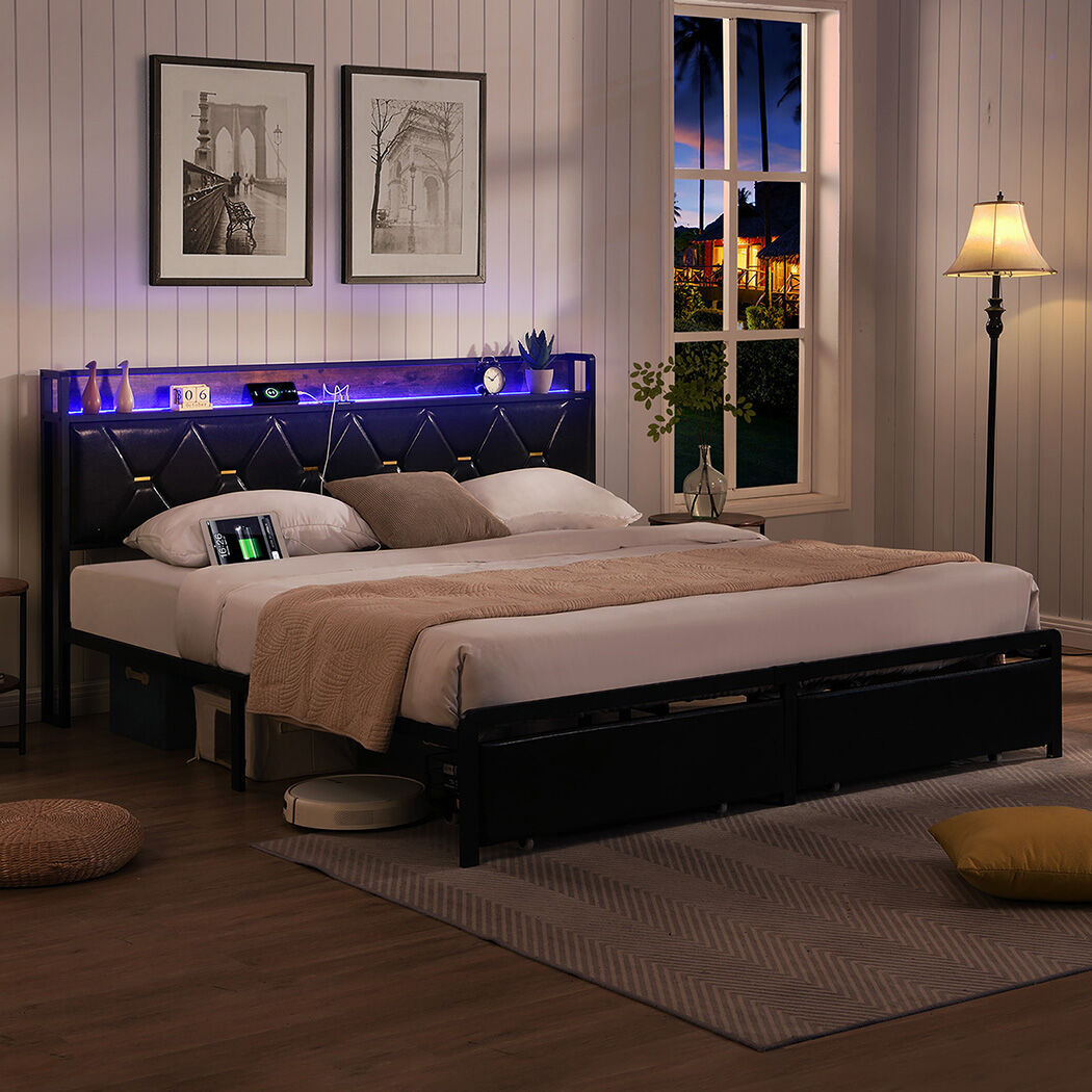 levede double metal bed frame led lights 2 drawers Price