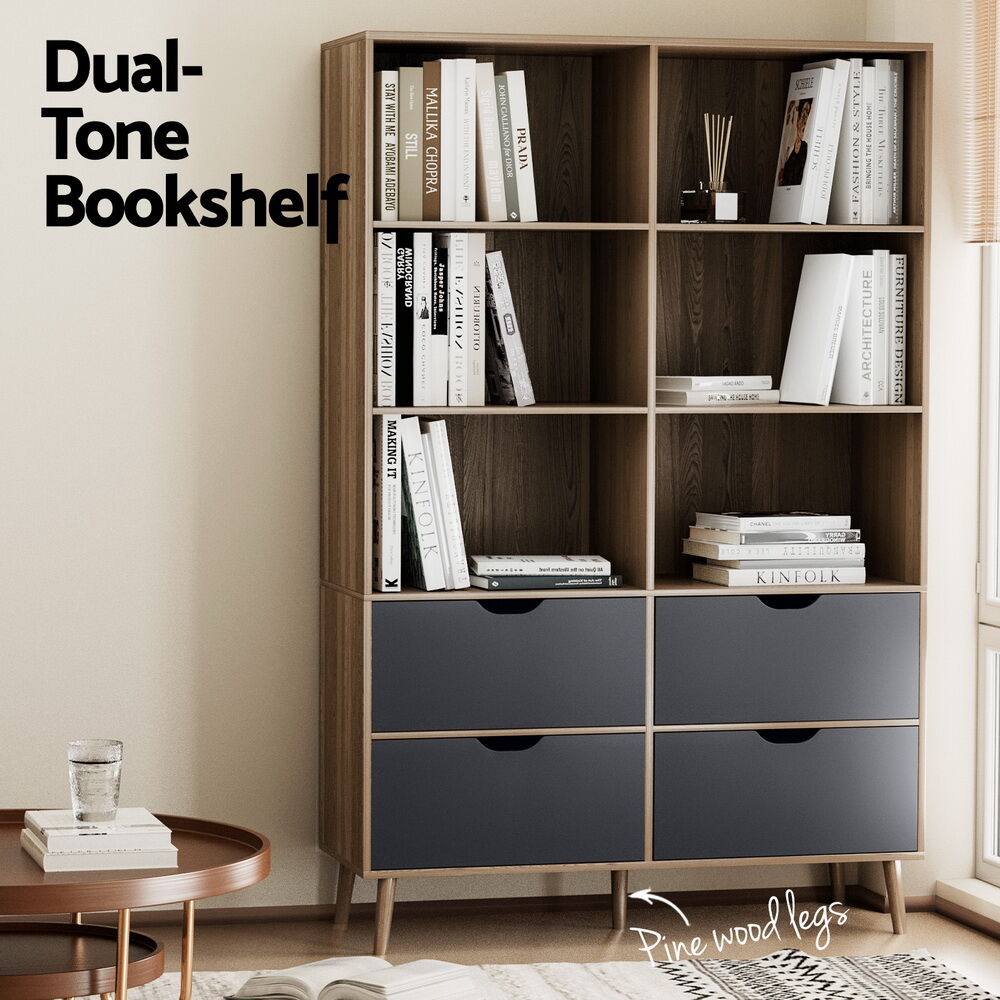 Bookshelf with 4 Drawers - MITZI Oak and Blue Price